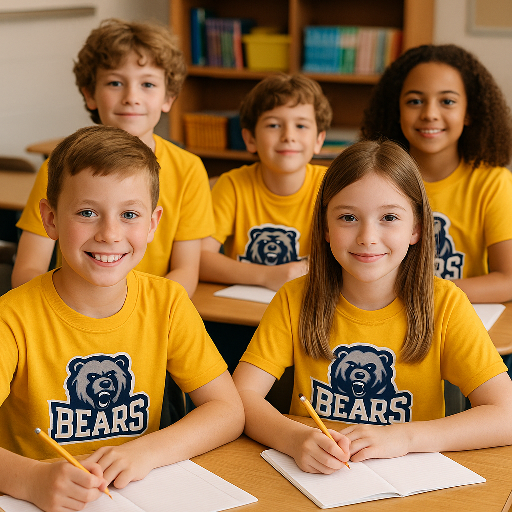 Kids wearing custom printed school spiritwear shirts in their classroom