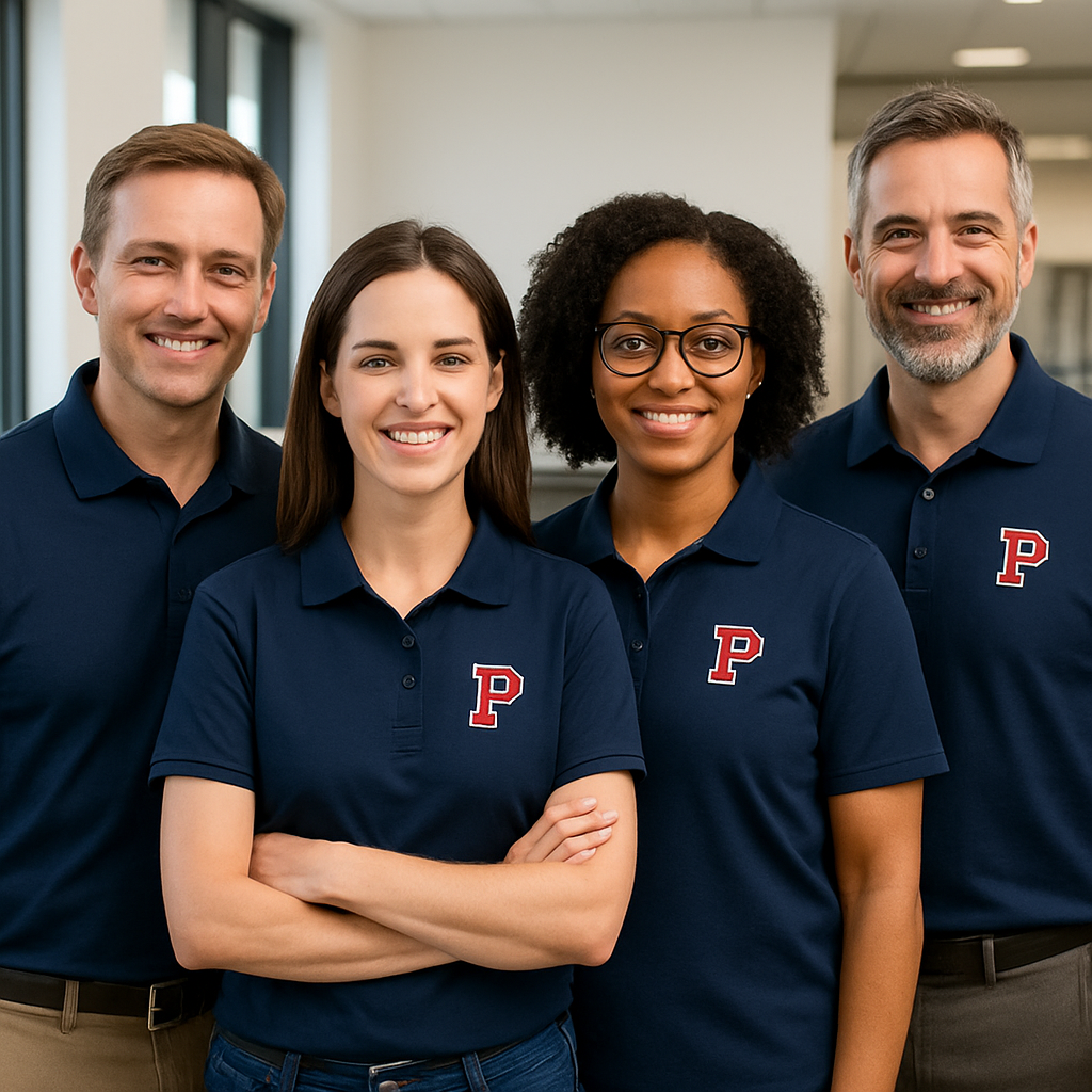 School PTA wearing custom embroidered polos during a staff meeting