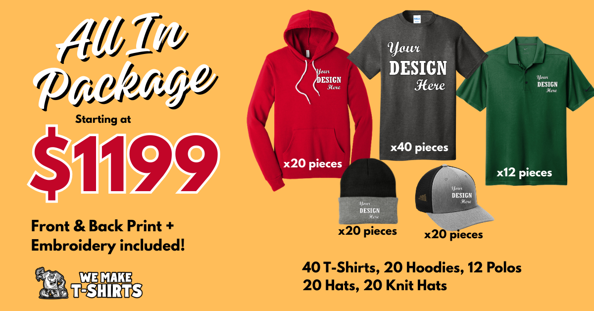 All-In Package banner showing custom t-shirts, hoodies, polos, hats, and beanies – Racine Wisconsin screen printing and embroidery apparel bundle by We Make T-Shirts