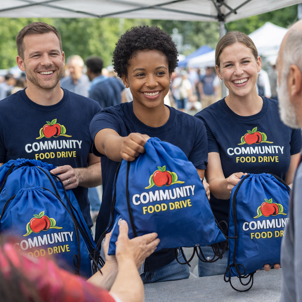 Staff giving away backbacks at a community food drive in milwaukee wisconsin