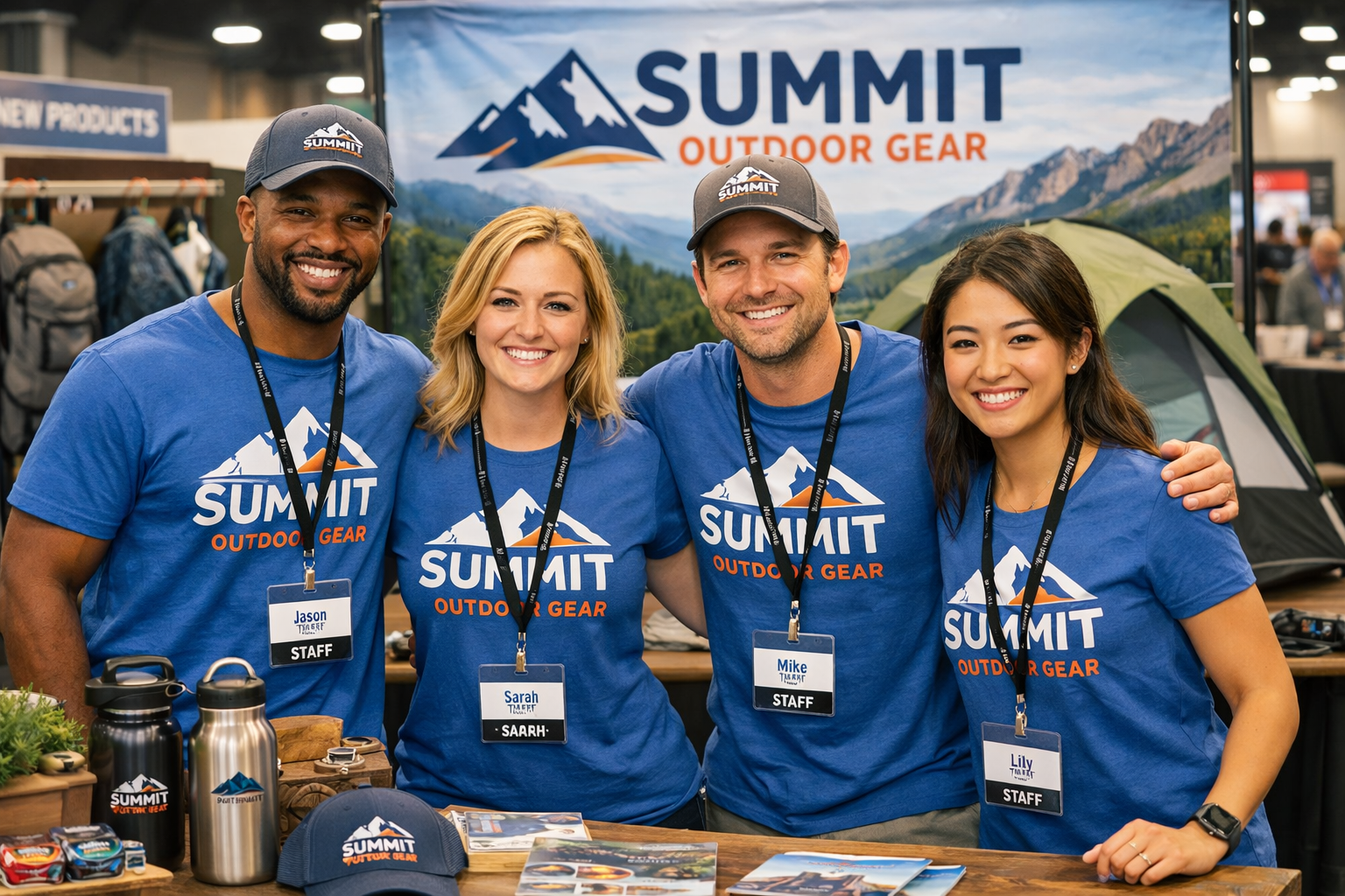 employees at a milwaukee trade show with custom printed t shirts - we make t shirts - custom screen printing and embroidery