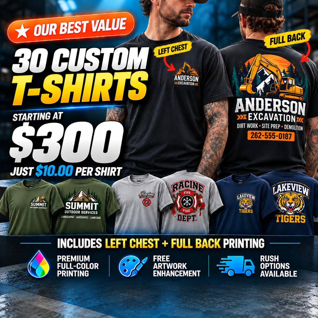 30 custom T-shirts with left chest and full back printing