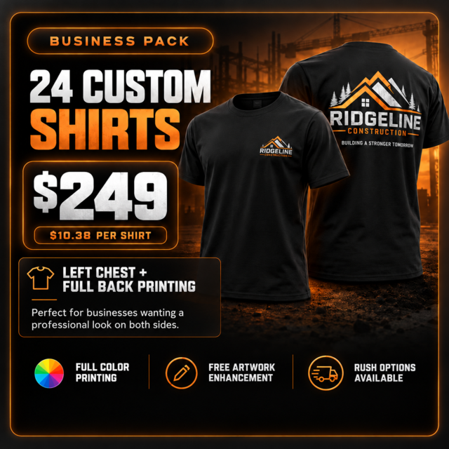 24 custom T-shirts with left chest and full back printing