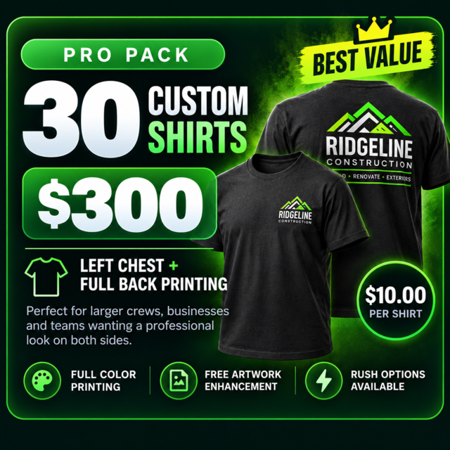 30 custom t shirts with left chest and full back printing for $300